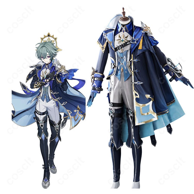 原神コスプレ衣装フルセットを着用した全身イメージ。高コントラスト配色とバトルコートの重厚感が伝わる構図。