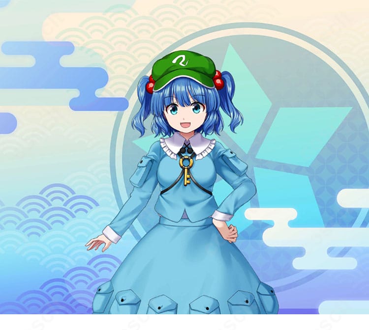 東方Project 河城にとりのコスプレ衣装を着用した正面全身イメージ。エンジニア風シルエットと軽量素材が伝わる構図。