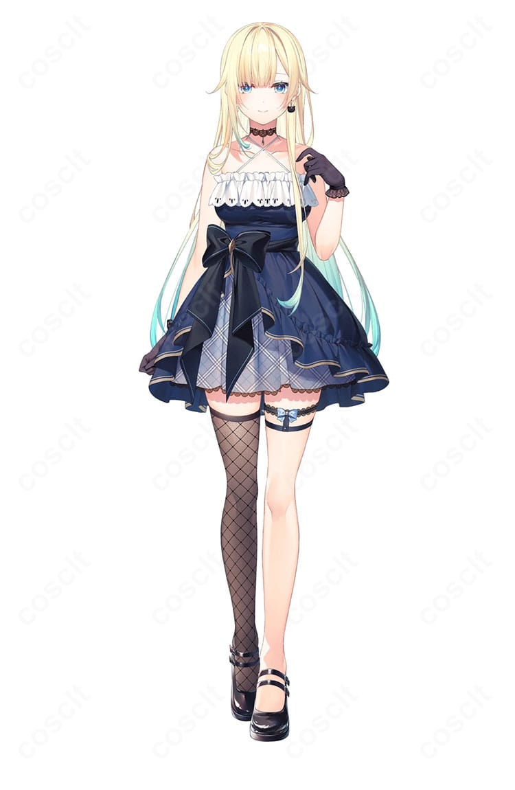 ぶいすぽっ!藍沢エマ 初期衣装コスプレ衣装の人物着用イメージ、ゴスロリ風ドレスの全身デザイン