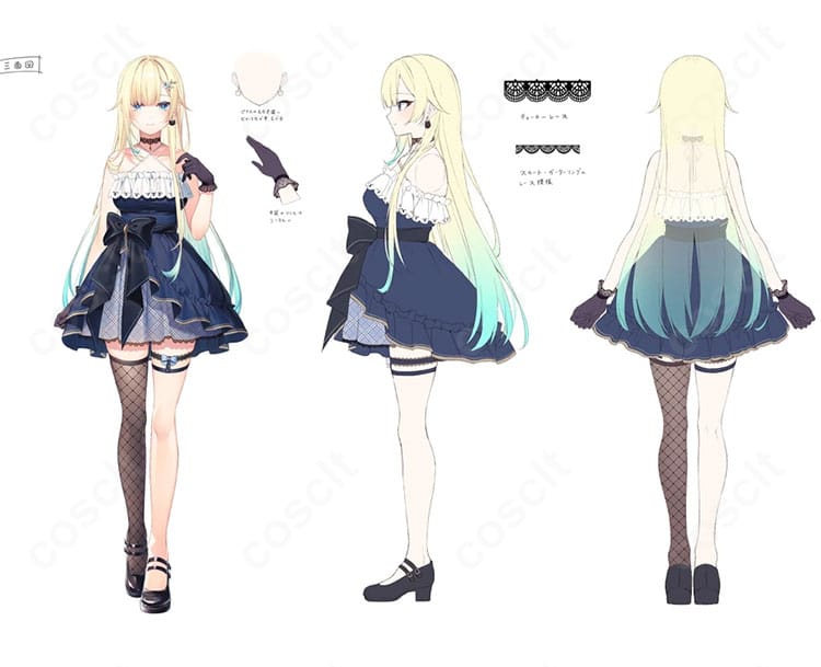 ぶいすぽっ!藍沢エマ 初期衣装コスプレ衣装の全体装飾ディテール、華やかなゴスロリ風ドレス