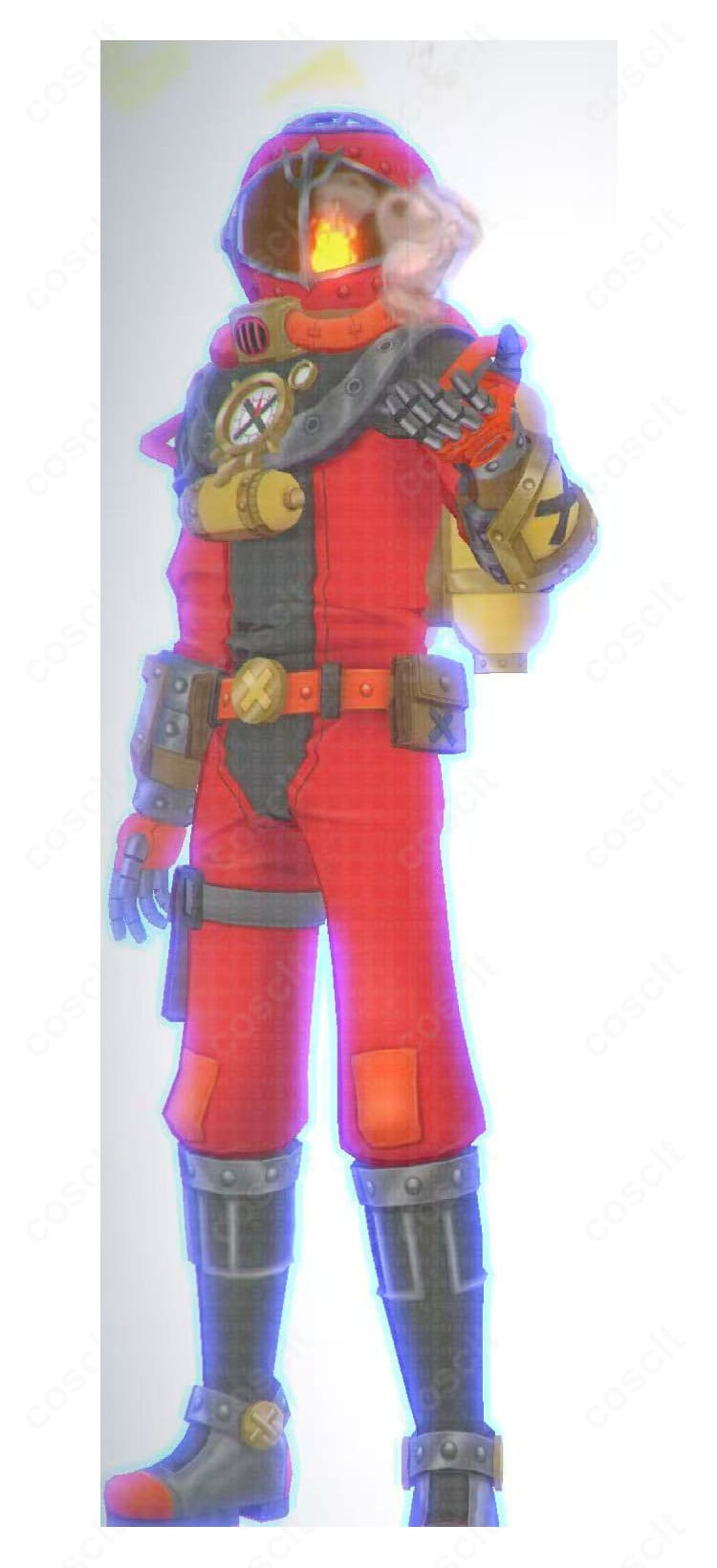 イグニス＝ウィル＝ウィスプ 深海専任捜査官ダイバーポリス衣装の正面全体。ヘルメットとジャンプスーツ、胸飾り・ベルト装備のディテールが分かる画像