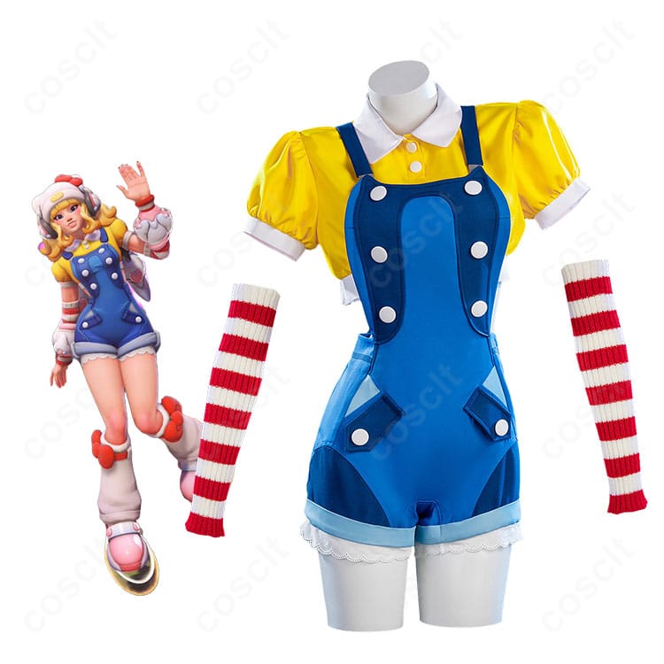 キャラクターイメージの全身コーデを着用したサロペット系コスプレ衣装の雰囲気カット