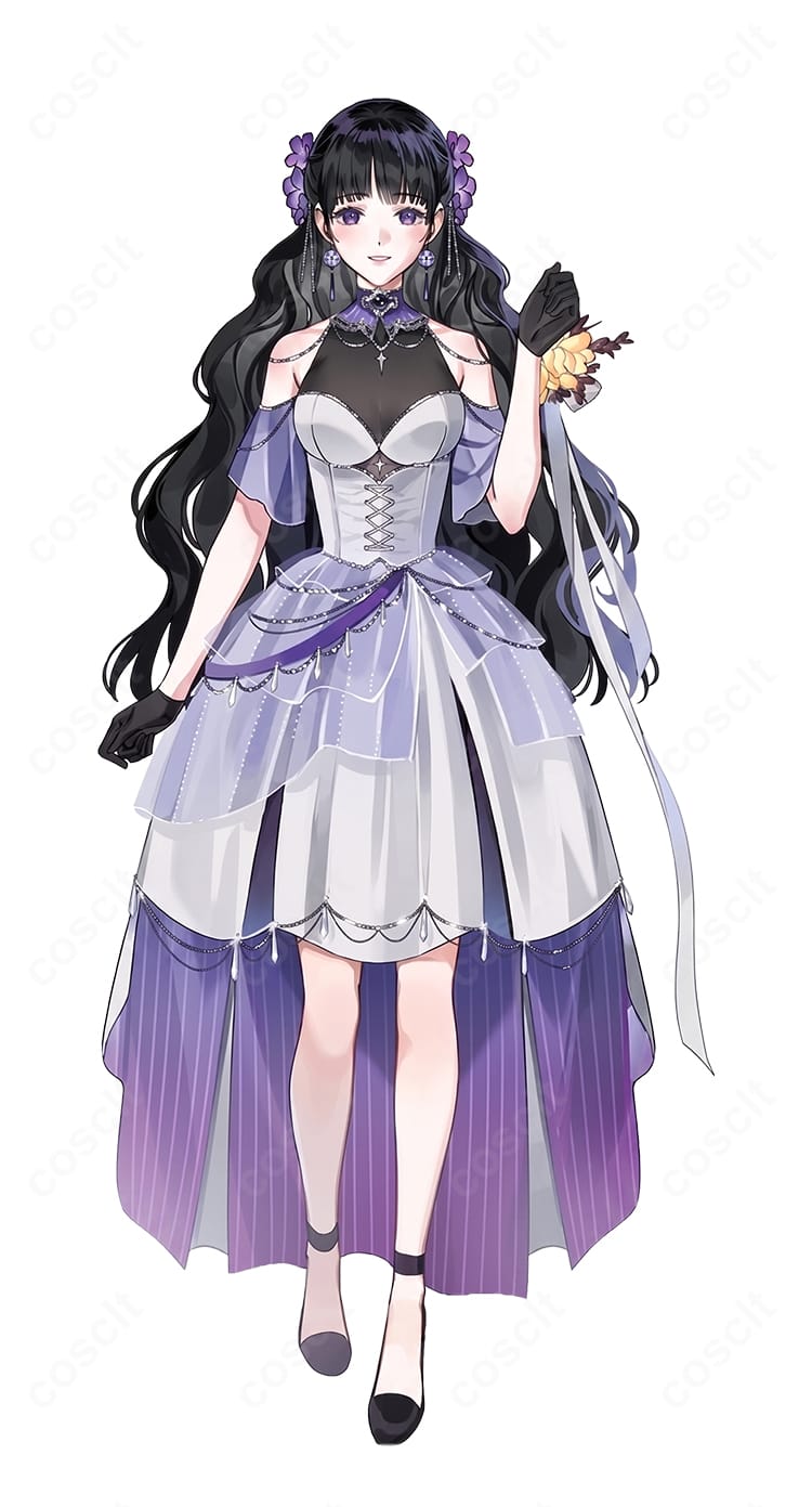 『魔道祖師』江厭離 執事ver.コスプレ衣装の全体イメージ。エレガントなドレス、首飾り、手袋、髪飾りを合わせた上品で華やかなコーディネート