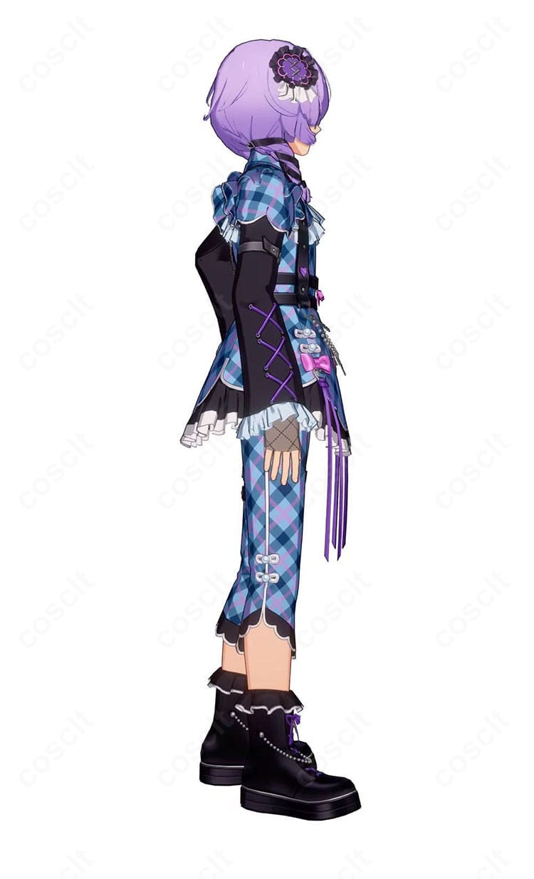 花群冬芽 ユメ Poison Ribbon コスプレ衣装の右側面。ハーネスのラインと腕飾り、アームカバーのディテールが分かる角度