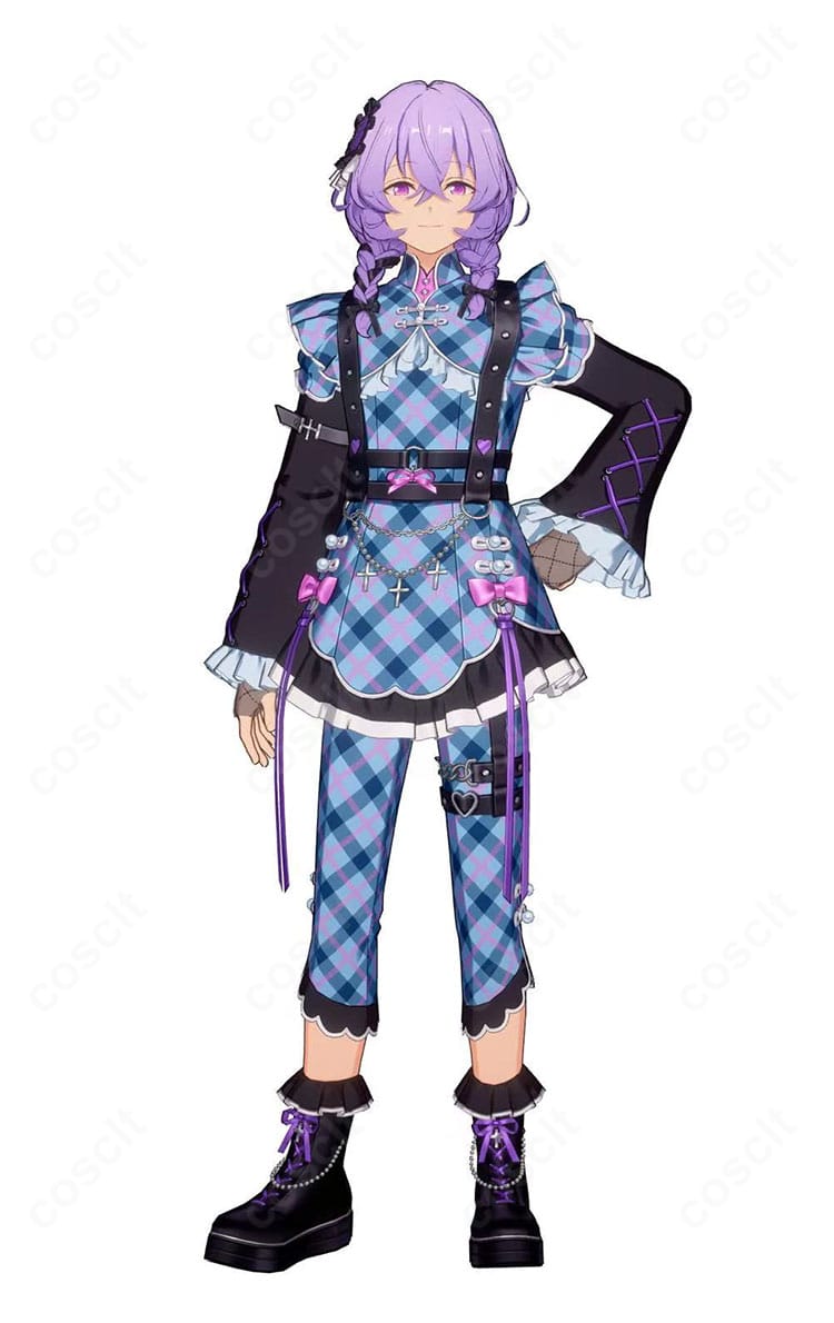 花群冬芽 ユメ Poison Ribbon コスプレ衣装の正面全体。トップスとズボン、ハーネスベルトとチェーンを装着した完成イメージ