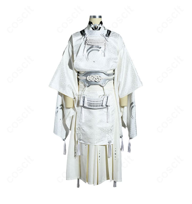 舞台『刀剣乱舞』悲伝 結いの目の不如帰・白い三日月宗近コスプレ衣装の正面全体像。着物、狩衣、袴、防具を重ねた白基調の戦装束