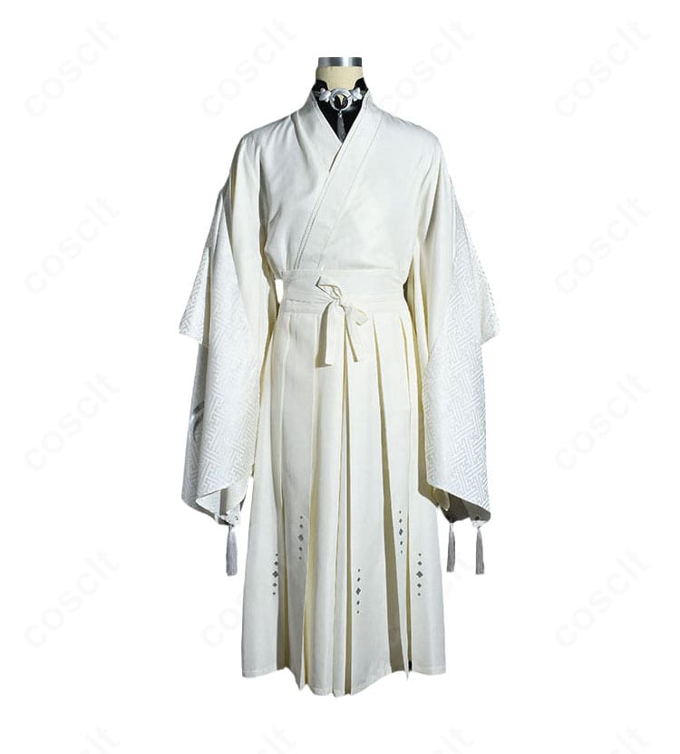 白い三日月宗近コスプレ衣装の内搭正面ディテール。着物と狩衣のレイヤード、胸元から腰元にかけての装いを確認できる画像