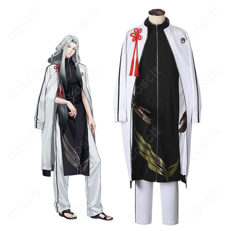 姫鶴一文字の内番服コスプレ一式を着用したイメージ。紋入り胸飾りと落ち着いた配色を再現。