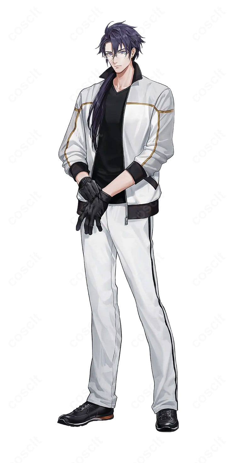 刀剣乱舞-ONLINE- 日光一文字の内番服フルセットを着用した全身イメージ。クールな配色とジャージシルエットが分かる商品画像。