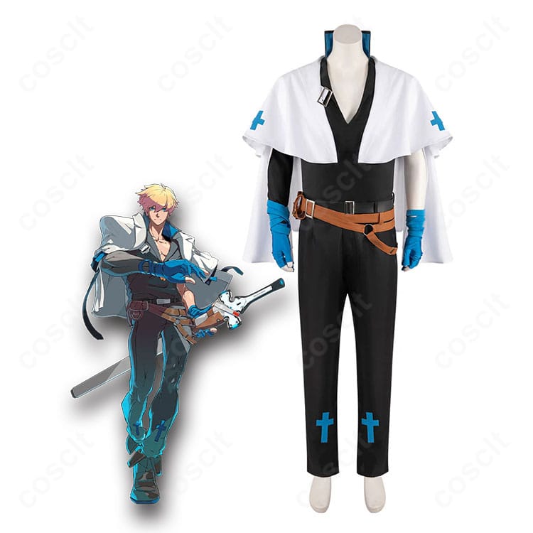 カイ＝キスク（GUILTY GEAR -STRIVE-）コスプレ衣装の全身着用イメージ。青マントと白トップスが際立つバトルコート風セット