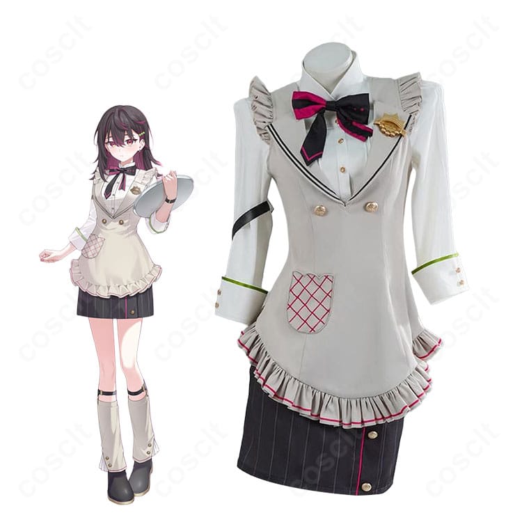 カフェ店員風コスプレ衣装の全身イメージ。シャツとエプロン、スカーフ、蝶結びで上品かわいい雰囲気を表現。