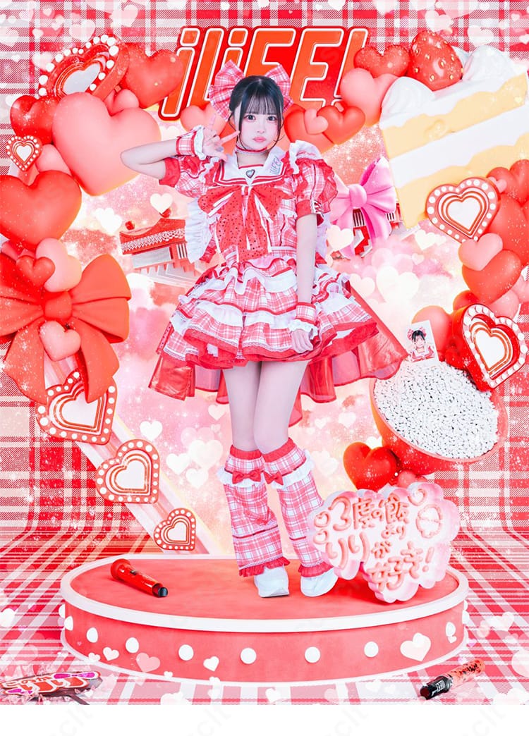 心花りり 赤チェック新アー写コスプレ一式(トップス・スカート・リボン・頭飾り・レッグカバー・リストバンド)正面全身ビュー