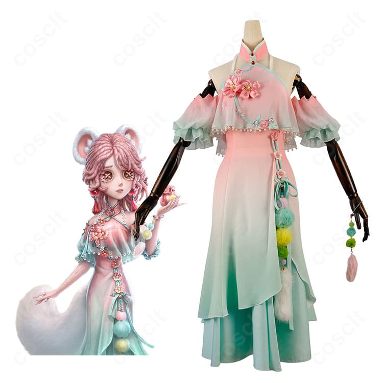 第五人格 調香師 ウィラ・ナイエル 吐宝鼠の着用イメージ全身。中華風ドレスの色使いと装飾が分かる人物画像