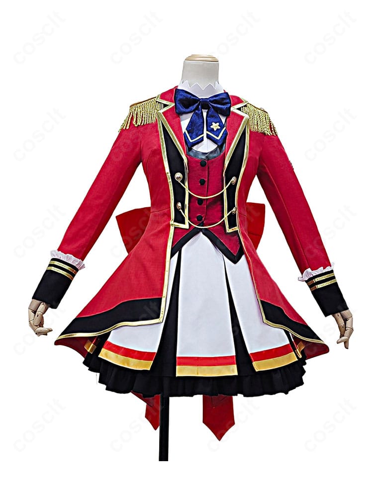 S4制服コスプレ衣装の正面全体。ジャケット・ベスト・ワンピースのバランスと胸元リボンを確認できる構図。