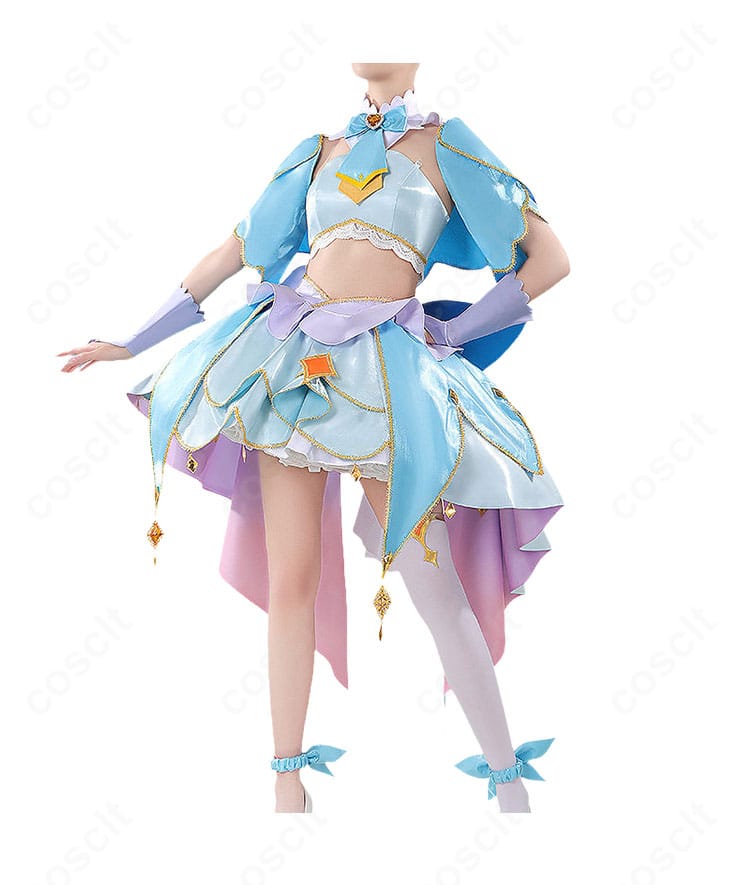 キュアエクレール変身ドレスの上着とスカートの正面全体。高発色ツイルの色味とシルエット