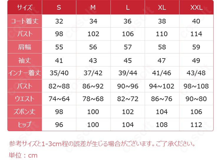 サイズ表と各部採寸ガイド(S〜XL・オーダーメイド対応)