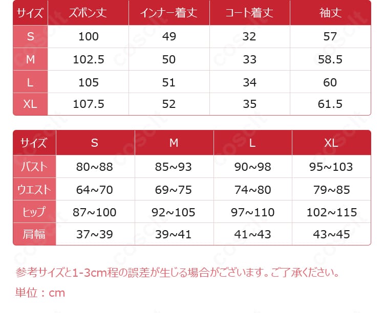 サイズ表記イメージ：S／M／L／XLの寸法ガイド