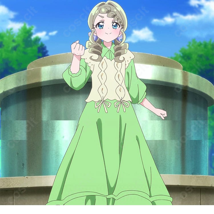 名探偵プリキュア!来栖エリザ 私服コスプレ衣装の正面全体像、上着とワンピースの組み合わせ
