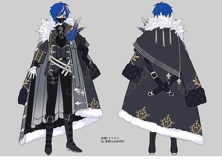 KAITO ニセモノクローム衣装のロングコート装飾ディテール写真｜ダークトーンと直線的ラインが強調されたクールな意匠