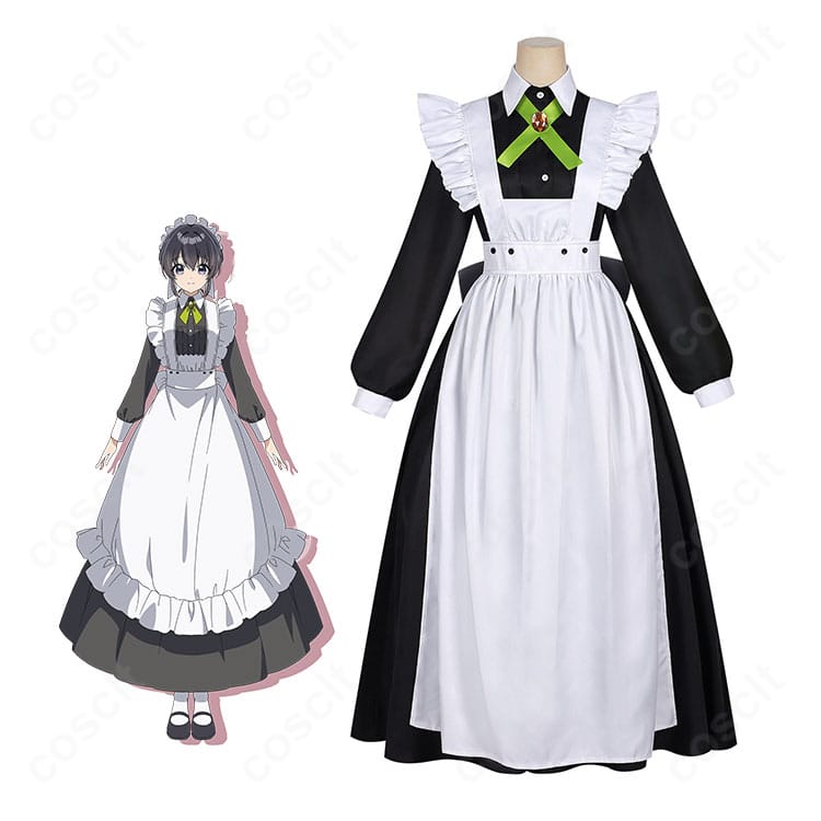 メロディ・ウェーブのメイド服を着用した全身イメージ。黒ワンピースに白エプロンの上品コーディネート。