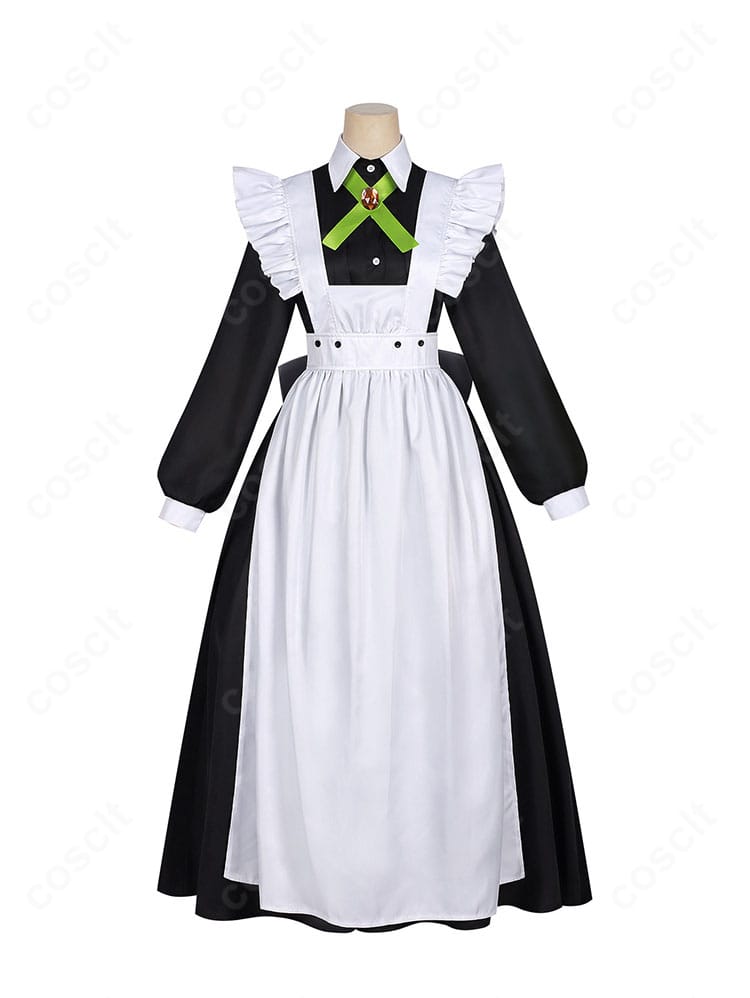 メロディ・ウェーブ メイド服の正面全体。ウエストラインと首元リボンの配置がわかる。