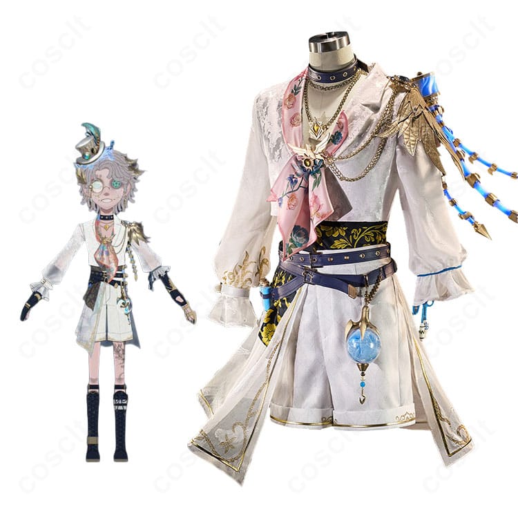 曲芸師 マイク・モートン「浮遊霊」コスプレ衣装の着用イメージ。クールで高コントラストな配色と肩飾り・アクセ一式が分かる全身カット。
