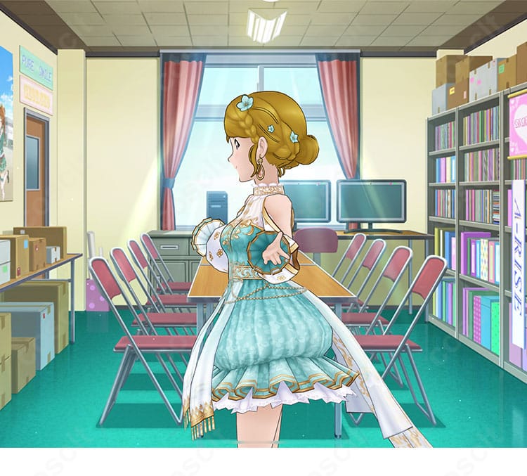 小泉花陽 イノセント・ヒーリング 衣装の左側ディテール（スカートのドレープと縫製）の接写