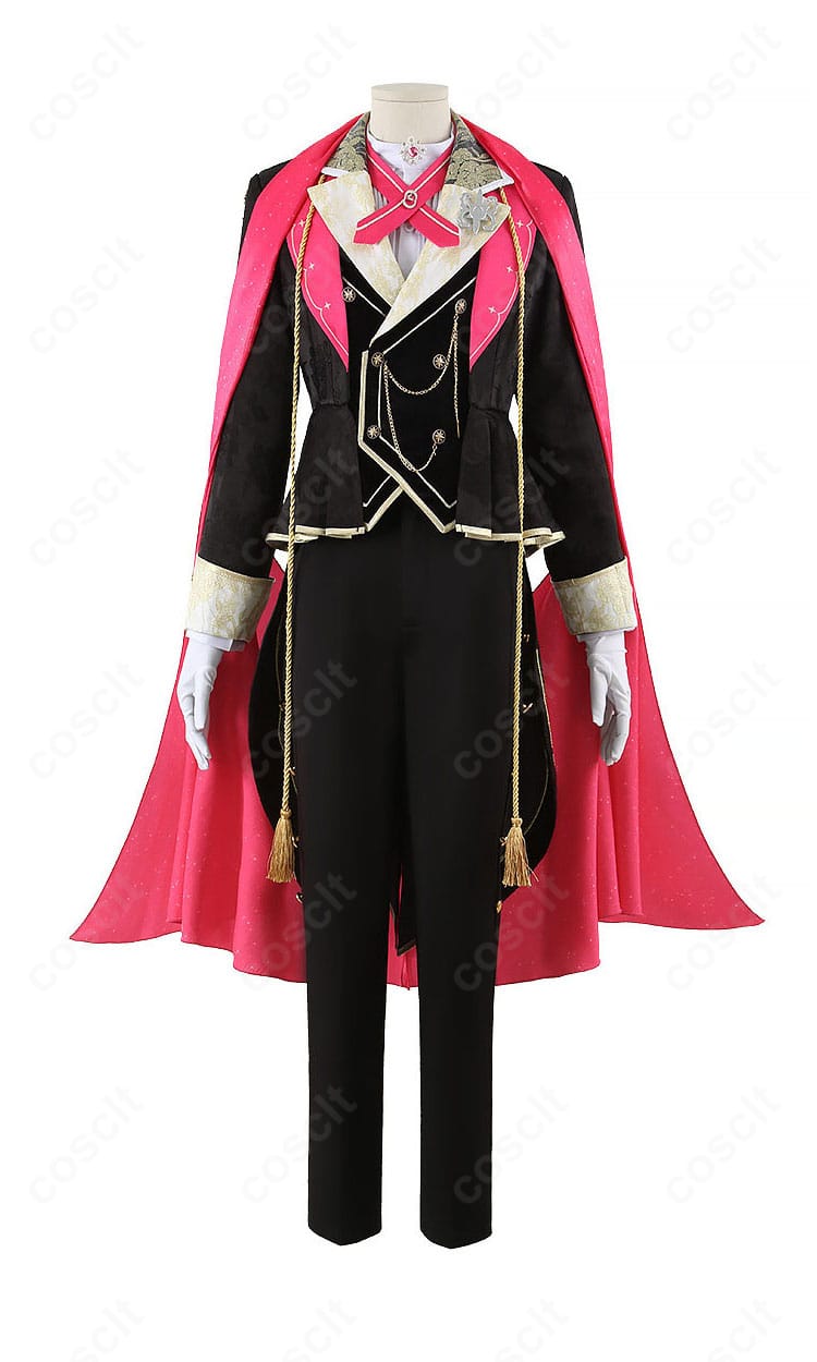 百 “PIECES”コスプレ衣装の正面全体。ジャケット×ベストのレイヤーと落ち着いた配色、リボンタイのバランスが分かる。