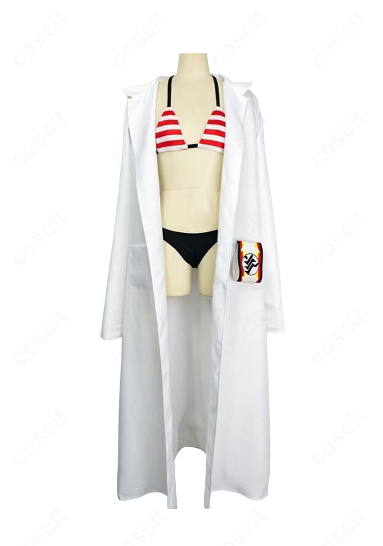 鬼怒川カスミ 水着コスプレ衣装の小物含むコーデ例。白衣と腕章、ビキニのバランスを俯瞰で確認できるレイアウト画像。