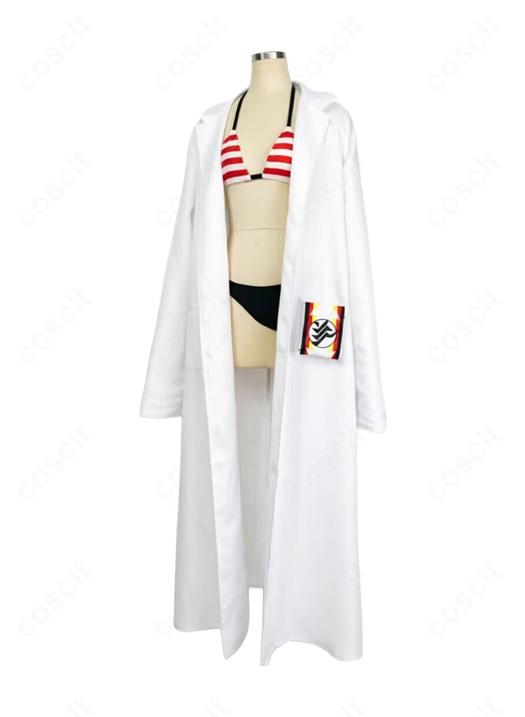 鬼怒川カスミ 水着コスプレ衣装の正面全体。白衣の丈感とビキニトップの位置関係、腕章の配置が分かる商品写真。