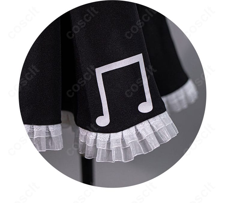 初音ミク ゴシックVer. スカートの音符モチーフ装飾ディテール。モノトーンのコントラストと柄の再現度が分かる拡大カット。