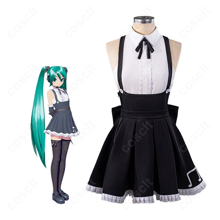 初音ミク ゴシックVer. コスプレ衣装を着用した全身イメージ。モノトーン配色と音符モチーフ、大きな背面リボンが映えるスタイル。