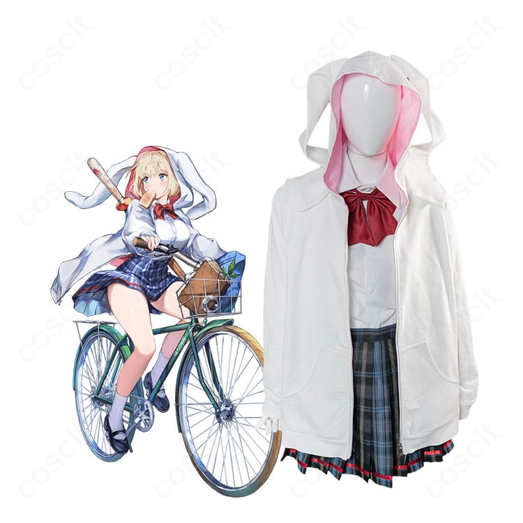 ユースティアの学園制服うさ耳パーカーVer.を着用した全身イメージ。パーカー・シャツ・スカート・リボンのバランスがわかる画像