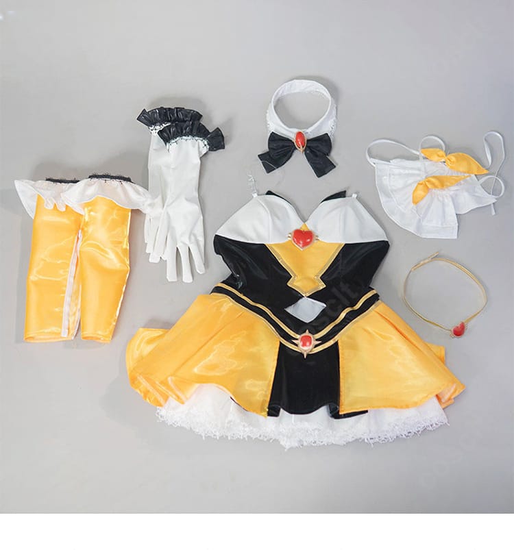 オリビエ 伝説のOGコスプレのセット内容（ワンピース、アームカバー、手袋、太もも飾り、髪飾り、つけ襟）を並べた画像
