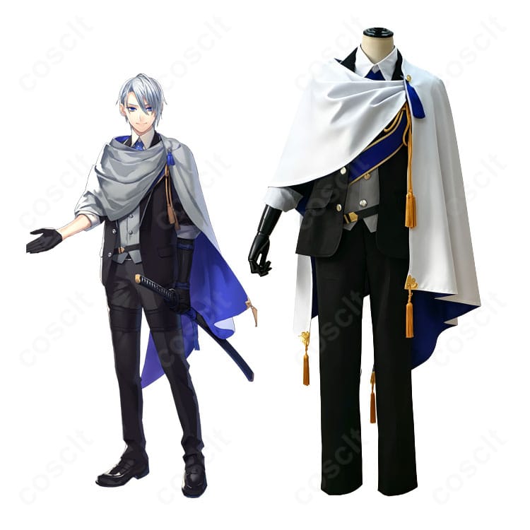山姥切長義 通常衣装コスプレ一式の着用イメージ。マントとジャケットの重ね、サッシュやフリンジ飾りまで揃い、高再現でクールな佇まいを表現。