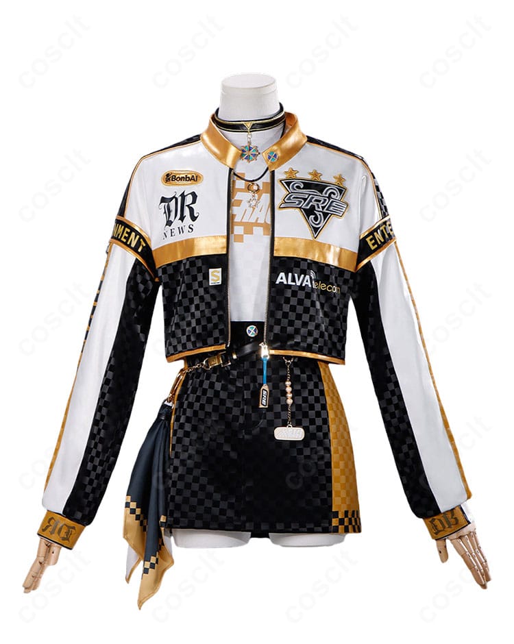 第五人格 空軍 マーサ SRE戦隊コスプレ衣装の正面全体。ジャケット×Tシャツ×ミニスカートのバランスと胸元ロゴ風装飾が分かる
