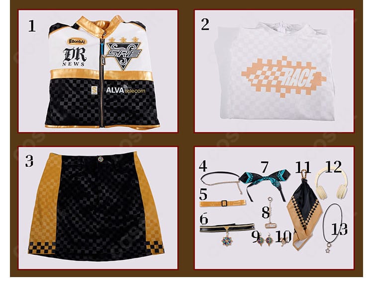 付属品一式の内容画像。ジャケット、Tシャツ、ミニスカート、チェーン、ストラップ、チョーカー、髪飾り、腰飾り、耳飾り、指輪、スカーフ、イヤホン、ネックレスのセット