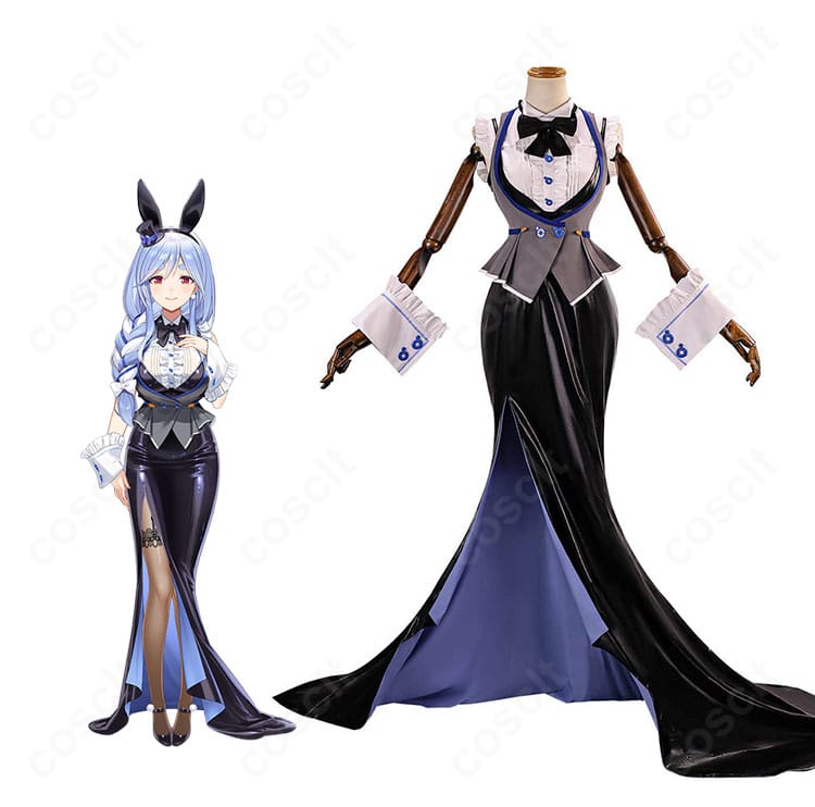 兎田ぺこら バニー風アレンジの着用イメージ。ベストとスカート、スカーフ、髪飾り・太もも飾りを合わせた上品セクシーなコスプレ衣装。
