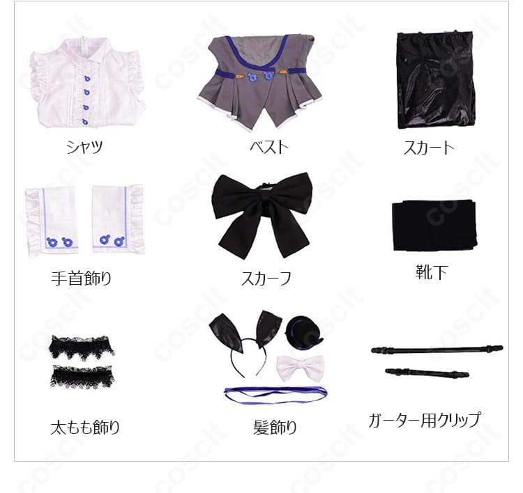 セット内容の一覧。シャツ、ベスト、スカート、手首飾り、スカーフ、靴下、太もも飾り、髪飾り、ガーター用クリップが揃うフルセット。