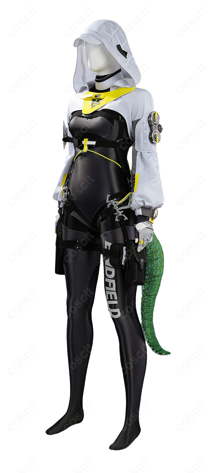 フローライト 戦闘服コスプレ衣装の側面図。太ももベルトとレッグポーチ、シルエットのラインを強調。