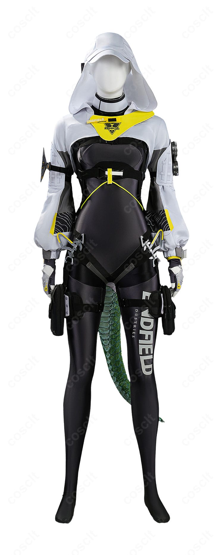 フローライト 戦闘服コスプレ衣装の正面全体図。ボディスーツとトップス、ハーネスの配置がわかる構図。