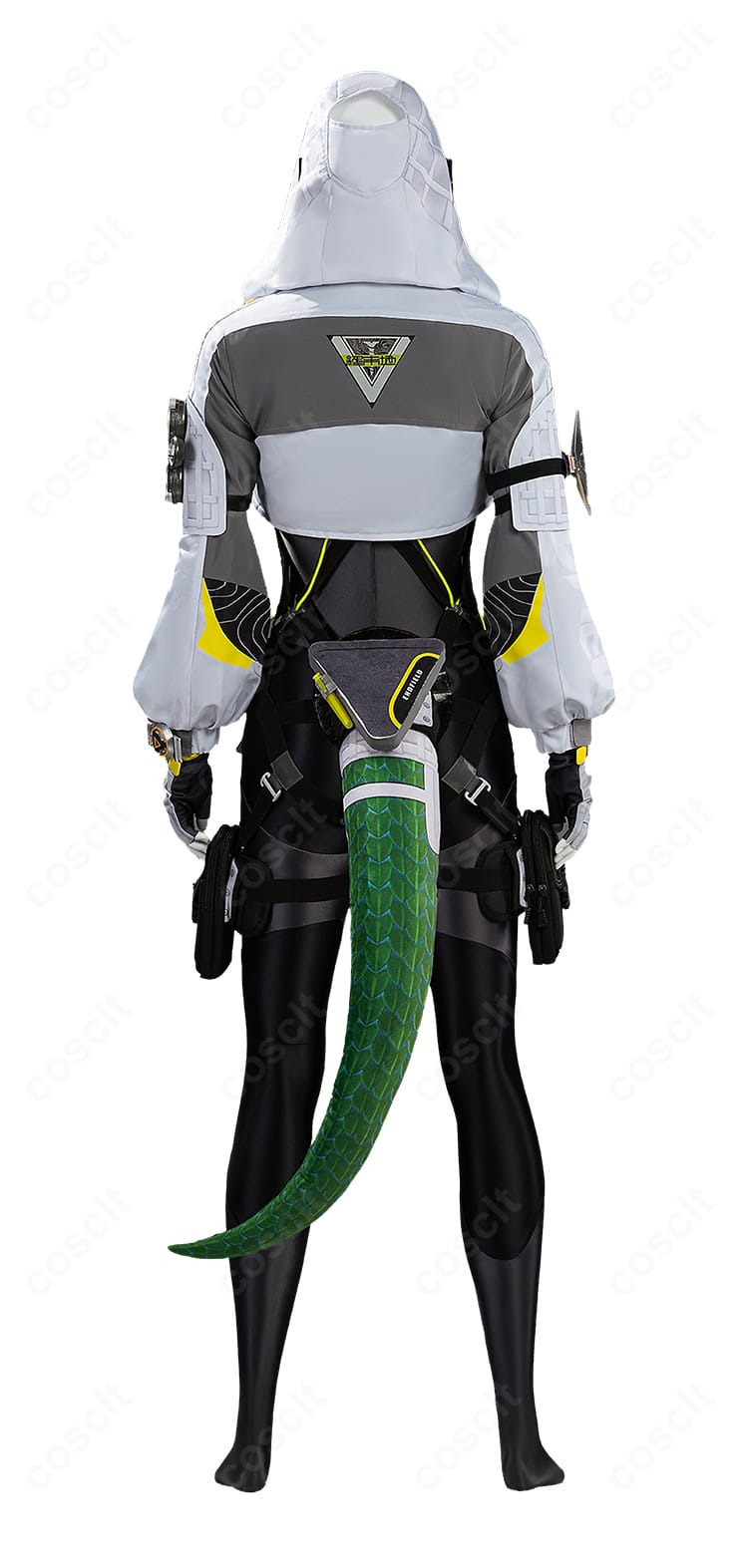 フローライト 戦闘服コスプレ衣装の背面図。背面ファスナー位置とベルトの回り込みが見える。