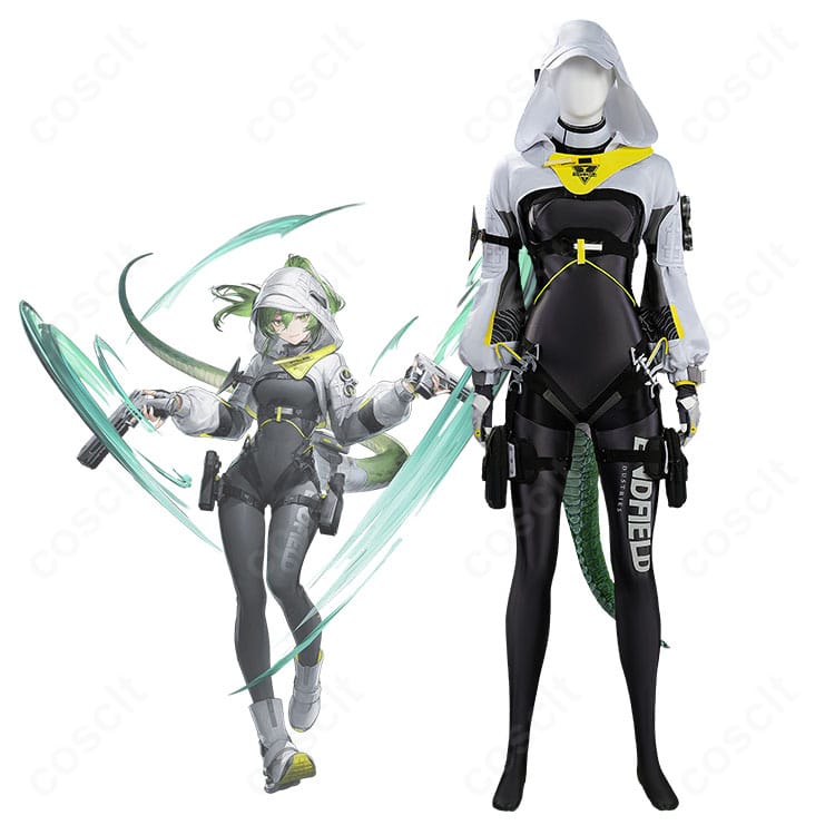 フローライト公式イメージと戦闘服コスプレ衣装の比較ビジュアル。高コントラスト配色とハーネス構成を確認できる一枚。