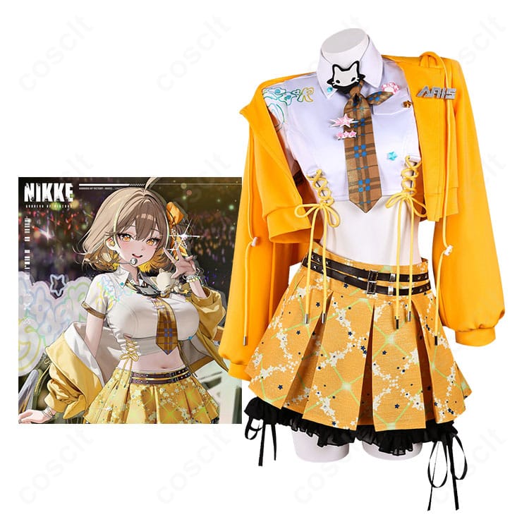 勝利の女神:NIKKE アニス T.T. STAR コスプレ衣装一式の着用イメージ。高コントラスト配色と髪飾り・名札などの装飾を再現。