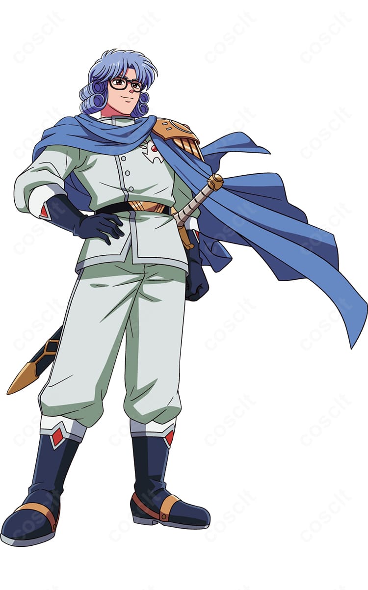 アバン＝デ＝ジニュアール3世の勇者戦闘服コスプレを右側面から撮影。マントの落ち感と肩のライン、ベルトの固定位置、手袋のフィット感が確認できるディテール重視のカット。