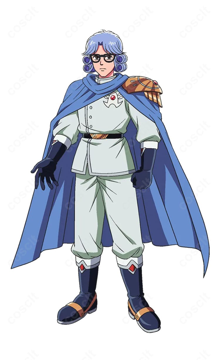 アバン＝デ＝ジニュアール3世の勇者戦闘服コスプレ一式を正面から撮影。上着・パンツ・ベルト・手袋・マントのセット内容がわかり、ハリ感ある生地と端正なシルエットが強調された全身イメージ。
