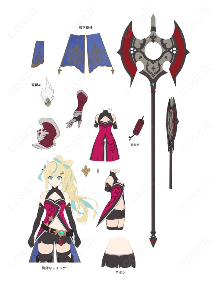 立伝都々 デフォルト衣装 コスプレ衣装のセット内容展示。衣装一式・アクセサリー・装飾パーツを平置きで撮影、COSCLTブランドのオーダーメイド対応と付属内容が一目で分かる画像。