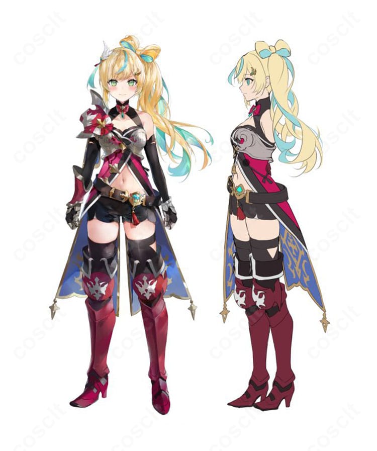 立伝都々 デフォルト衣装のコスプレ衣装 正面と左側ディテール。高コントラスト配色とサイバー風アクセント、ハリ感あるシルエット、装飾パーツの確実な固定が分かる全身画像。