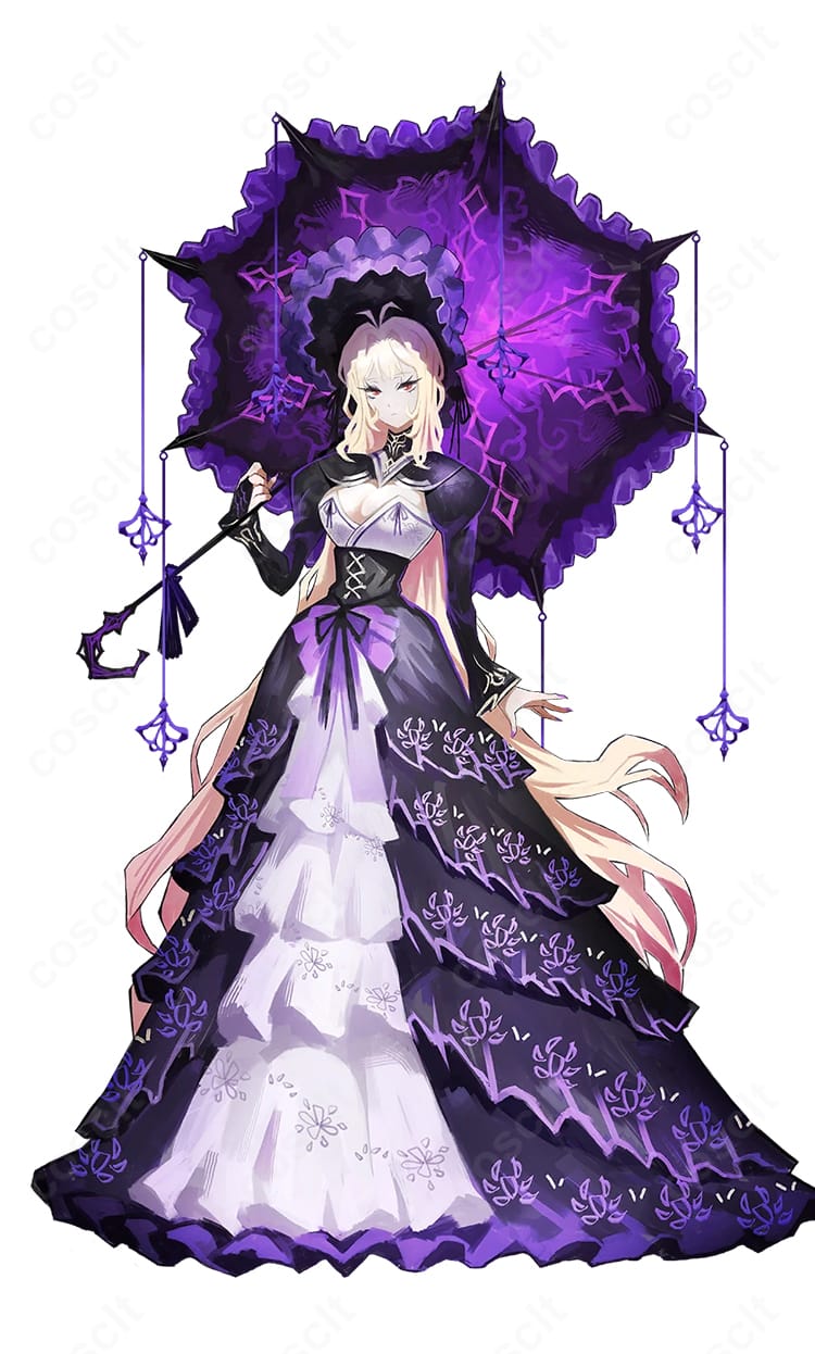 Limbus Company ドルシネアのコスプレ衣装を全身で写した商品画像。高コントラスト配色とエレガントなドレスシルエット、固定式アクセサリーが映えるハイエンドモデルのディテールが確認できます。