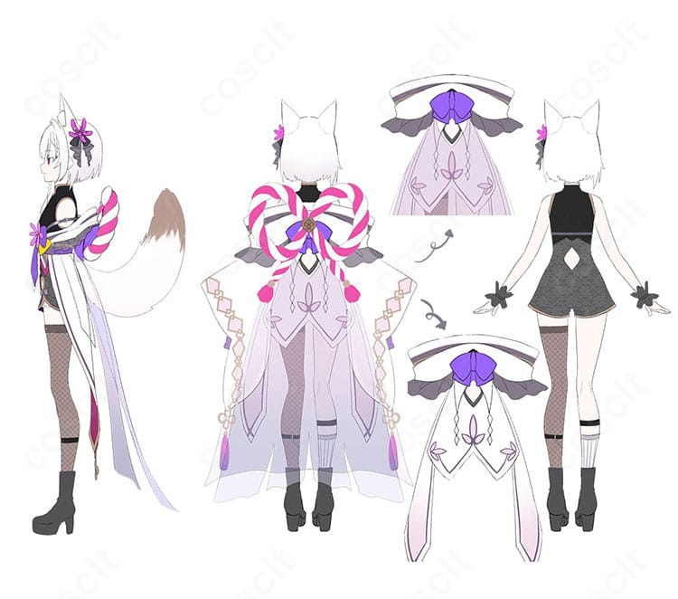 御景ツキ 通常衣装コスプレの背面ディテール。帯結びと背面の尻尾パーツ、裾ラインのハリ感が伝わる背面ショット。